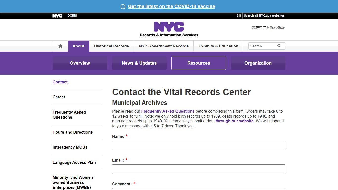 Contact the Vital Records Center - Records - New York City